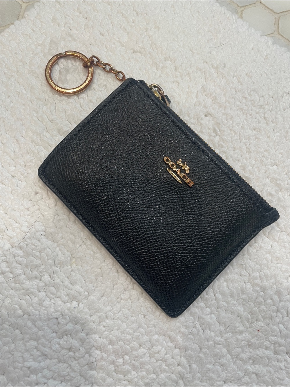Coach Black Saffiano Leather Zip Key Card Pouch with Gold Hardware